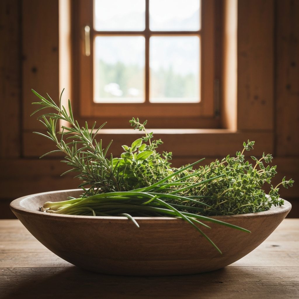 Natürliche Kräuter in Holzschale